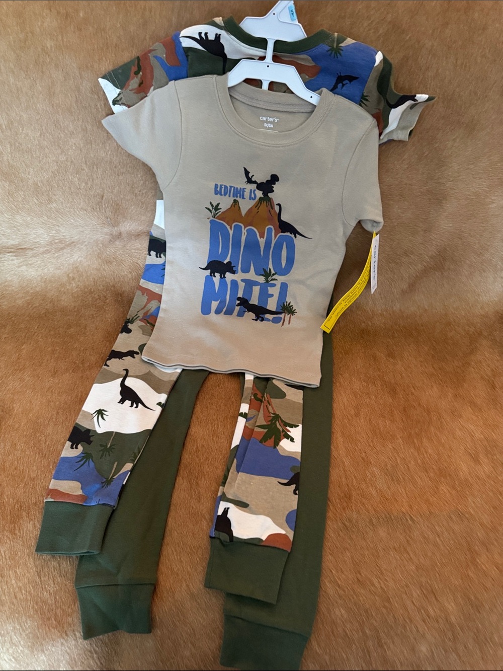 Carter's Green and Tan Dino Pajama Set with Blue Graphic. Boys size 5.